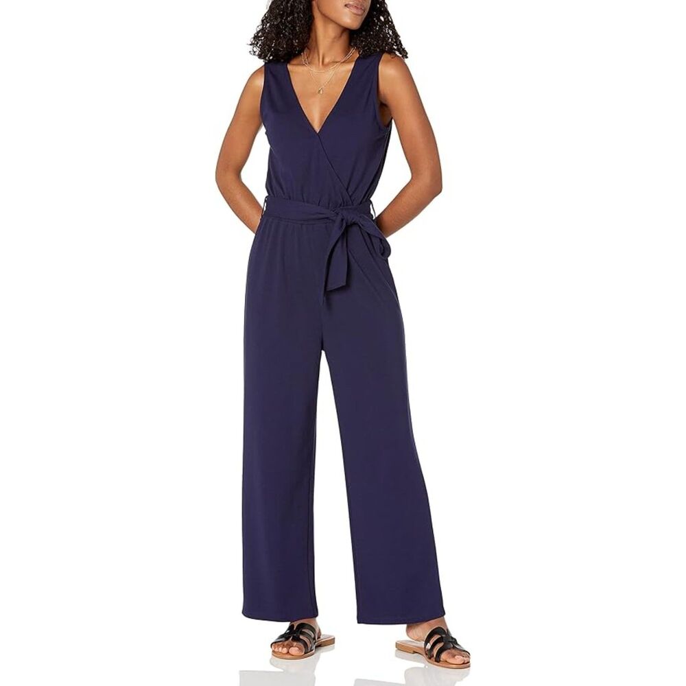 👗 The Drop M Sleeveless Wrap Jumpsuit Navy Stretch Knit @caralynmirand